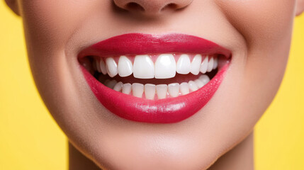 Fototapeta premium Bright and Cheerful Smile with Glossy Red Lips Against a Vibrant Yellow Background Emphasizing Dental Care, Beauty, and Confidence in a Joyful Expression