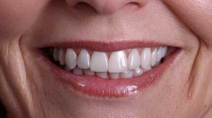 Fototapeta premium Close-Up of a Woman's Bright Smile Showcasing Healthy White Teeth, Radiating Confidence and Positivity with Natural Lip Color and Soft Skin Tone