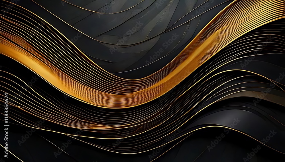 Poster golden lines dance across a dark textured canvas, creating an elegant movement.