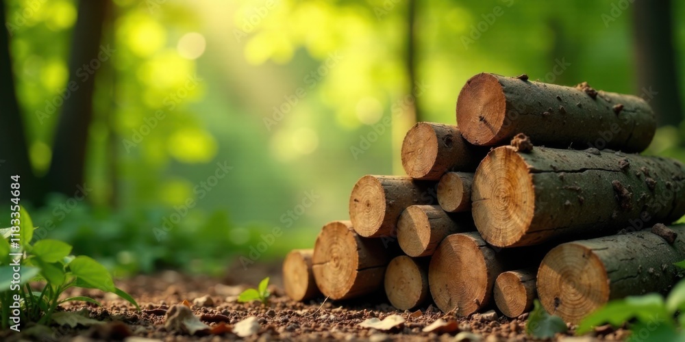 Poster Sunlit Stack of Logs in a Verdant Forest Setting