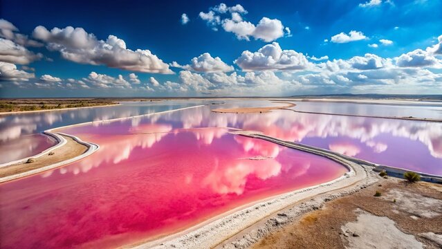 Panoramic View of Pink Salt Lakes: Stunning Aerial Shot of Salt Production