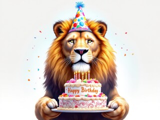 Fototapeta premium Lion with party hat holding birthday cake with candles and confetti