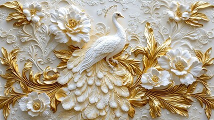 White Peacock & Gold Floral 3D Wall Art
