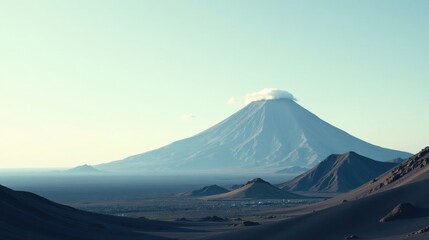 Fototapeta premium Serene Volcanic Landscape with Distant Mountain Peak and Small Town