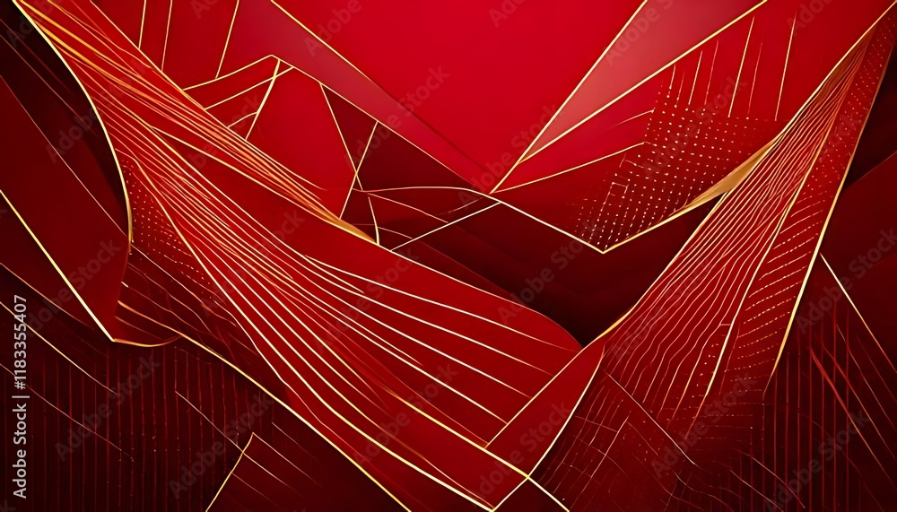Poster golden lines outline geometric red shapes in a dynamic abstract composition.