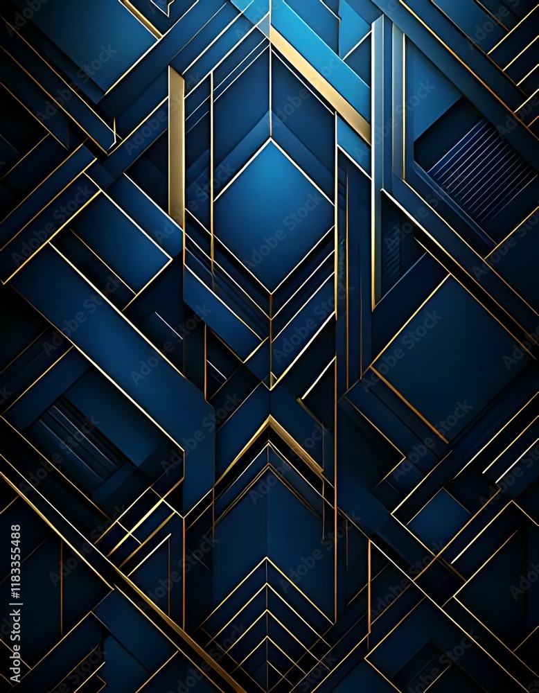 Poster golden lines outline geometric, faceted shapes, creating a layered, deep blue pattern.