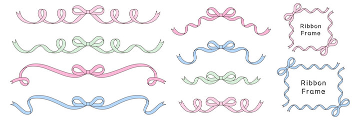 リボンのフレームのベクターイラストセット　線画　りぼん　飾り