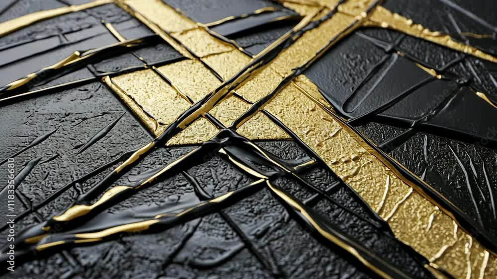 Poster abstract artwork featuring textured black surface with golden lines and black paint drizzles creatin