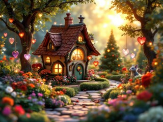 Enchanted fairy tale cottage in blooming garden at dusk
