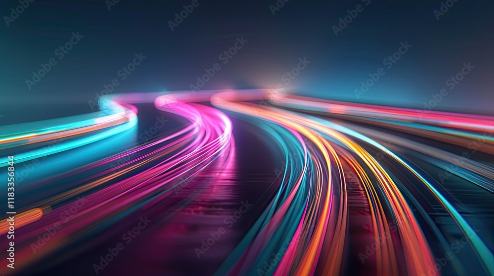 Poster a dynamic and vibrant scene with streaks of light in motion, featuring specific colors