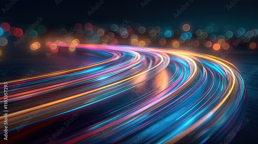 Poster a dynamic and vibrant scene with streaks of light in motion, featuring specific colors