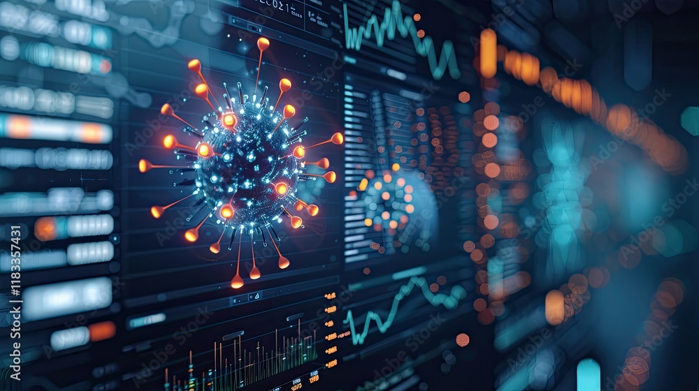 Poster a futuristic computer screen displays a virus particle in a 3d render, with data and charts visible 