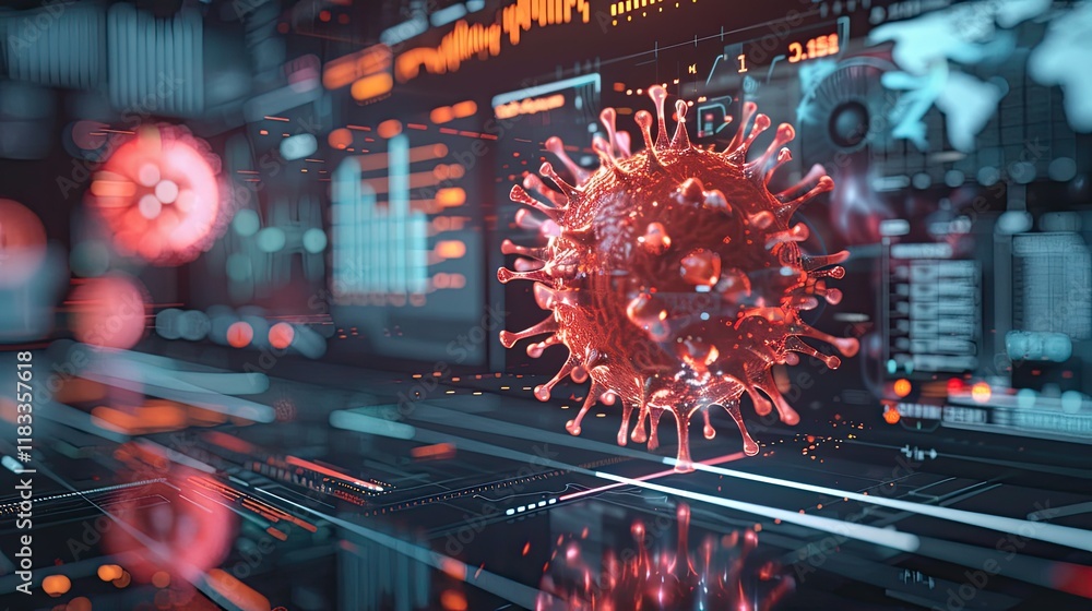 Poster a futuristic computer screen displays a virus particle in a 3d render, with data and charts visible 