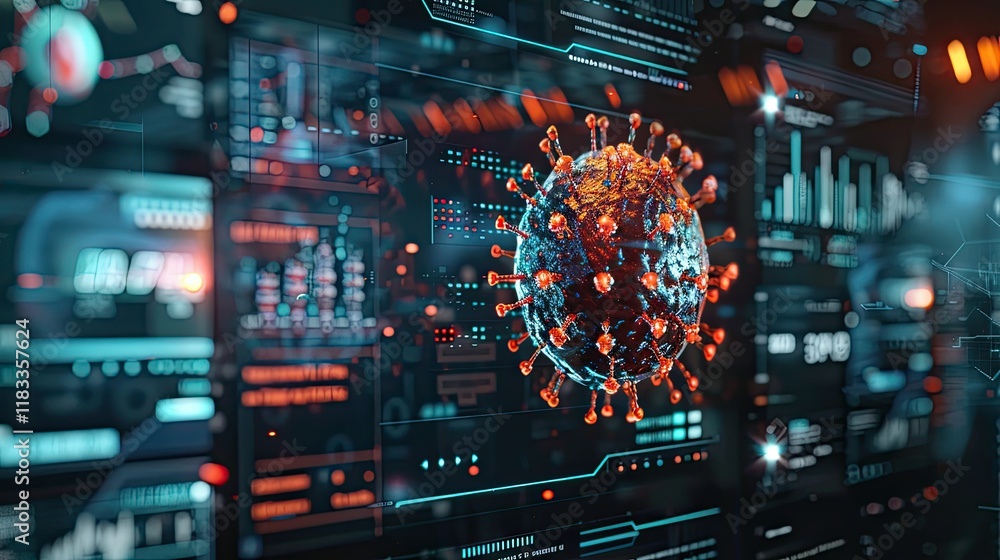 Poster a futuristic computer screen displays a virus particle in a 3d render, with data and charts visible 