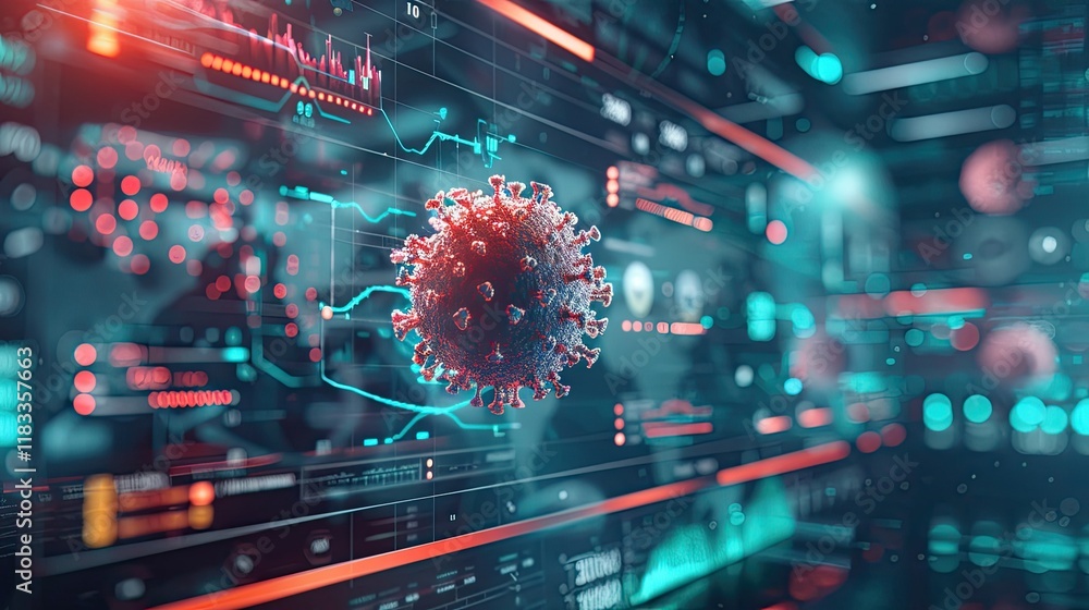 Poster a futuristic computer screen displays a virus particle in a 3d render, with data and charts visible 