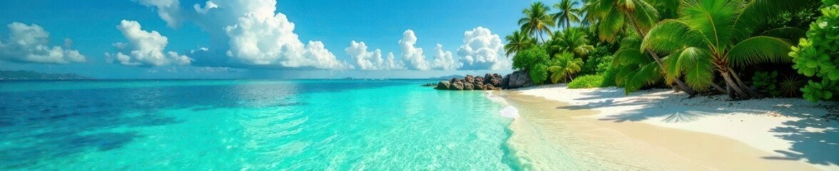 Crystal clear turquoise water meets emerald green foliage on tropical island shore, landscape, tropical