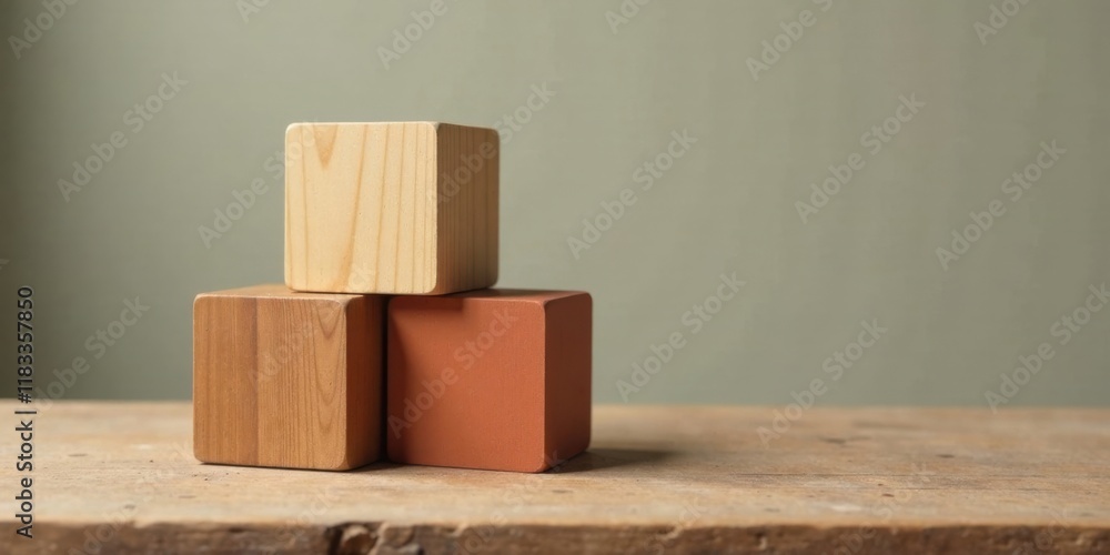 Poster Stack of Three Wooden Cubes on Rustic Tabletop