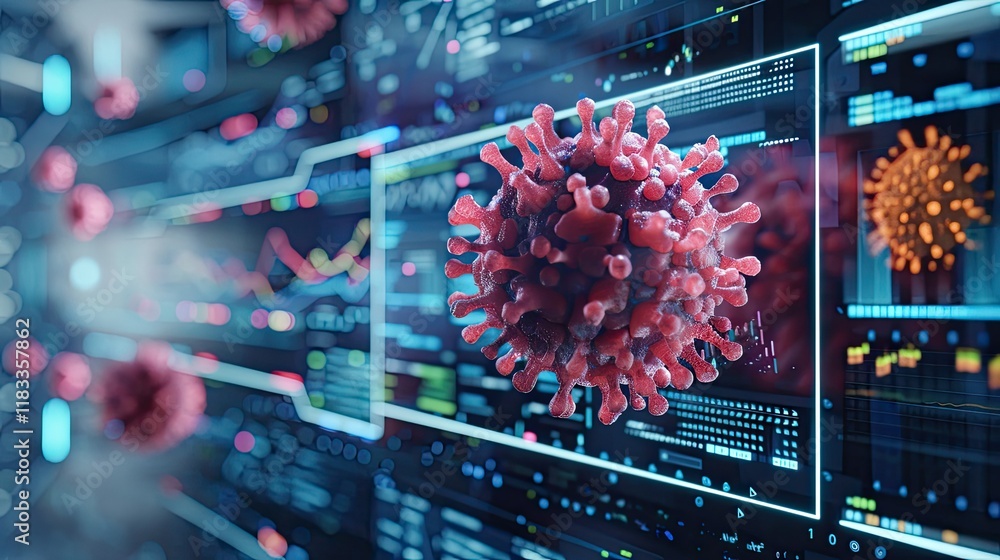 Poster a futuristic computer screen displays a virus particle in a 3d render, with data and charts visible 