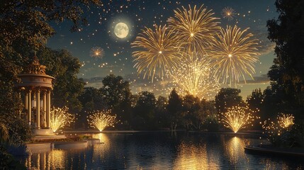 Chinese new year fireworks concept. A magical night scene featuring fireworks reflecting in a serene lake under a full moon.