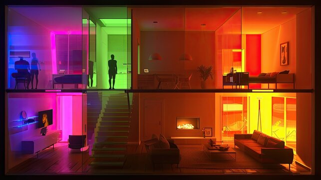 A grid of glowing windows in an apartment displaying people and rooms. Each rooms are different size and scale. Cinematic, anamorphic