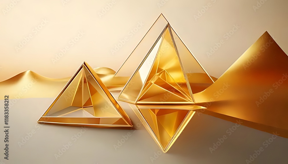 Poster golden, reflective pyramids with delicate lines create an elegant, luminous composition.