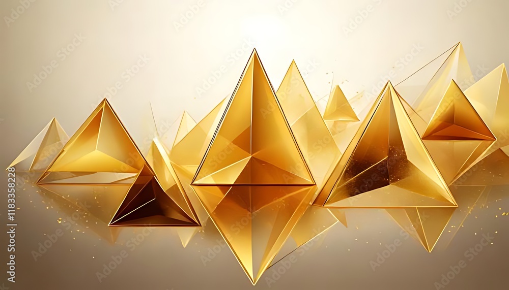 Poster golden, reflective pyramids with delicate lines create an elegant, luminous composition.
