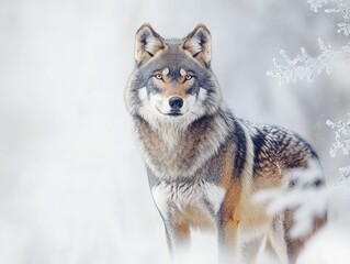 Fototapeta premium A wolf standing tall in a snowy forest, its fur blending with the frosty surroundings, against a clean white background