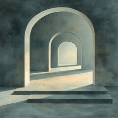 Abstract artwork depicting a series of arched doorways with soft natural light creating depth and perspective.