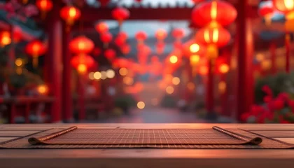  A cheerful arrangement of oriental lanterns on a wooden table, ideal for celebrating Chinese New Year © Tahubulat