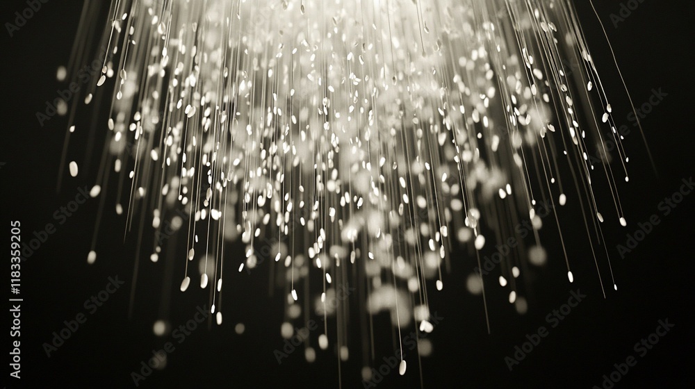 Poster sparkling light fibers cascading down in darkness.