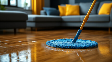 Microfiber mop cleaning hardwood floor, professional housekeeping equipment
