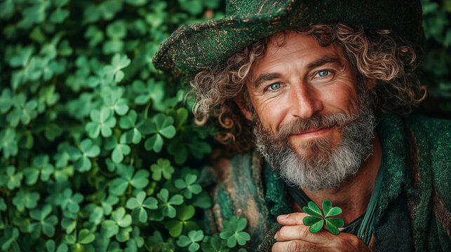 Traditional leprechaun smile with clover leaf, Irish folklore concept