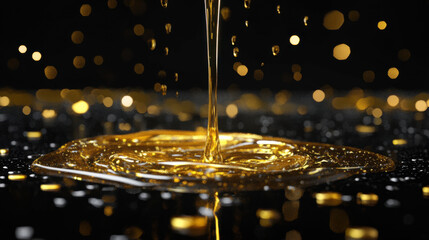 Glimmering Golden Liquid Dripping Down with Sparkling Bokeh Background Creating a Luxurious and Vibrant Atmosphere Perfect for Abstract or Elegance Themes