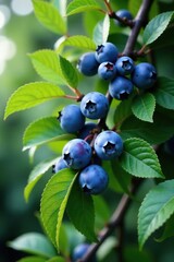 A sprawling plum tree laden with plump blueberries and leaves in full bloom, blossoms, garden