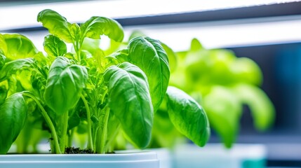Fresh basil plants growing indoors under bright lights in a nurturing environment.
