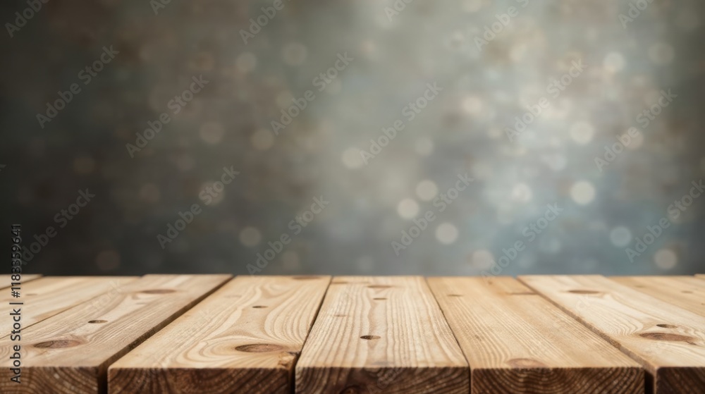 Poster empty wooden tabletop against a soft bokeh background, ideal for product placement or mockups