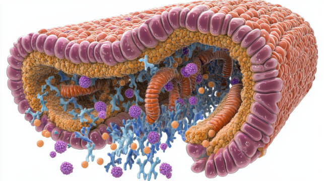 Detailed Representation of a Mitochondrial Structure with Membranes, Enzymes, and Cellular Components Illustrating Energy Production Processes