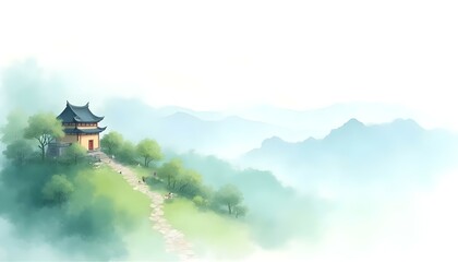 A serene watercolor landscape depicting a path winding towards a traditional Asian pagoda surrounded by lush greenery