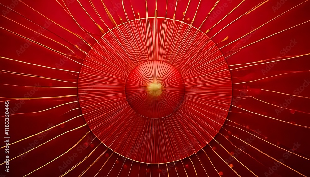 Poster intricate golden lines form a sphere, surrounded by layered red petal shapes.