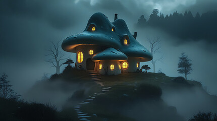 Whimsical Mushroom House Illuminating a Misty Hilltop in Eerie Fog