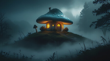 Whimsical Mushroom House Illuminating a Misty Hilltop in Eerie Fog