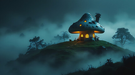 Whimsical Mushroom House Illuminating a Misty Hilltop in Eerie Fog