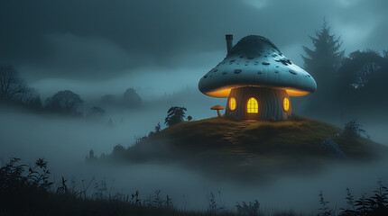 Whimsical Mushroom House Illuminating a Misty Hilltop in Eerie Fog
