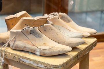 Customized Vintage Wooden Shoe Lasts in the shoe workshop.