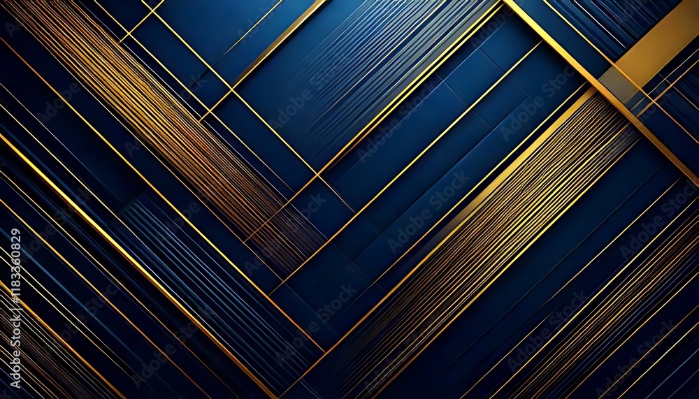Poster layered gold lines intersect dynamically against a dark blue, patterned geometric background.