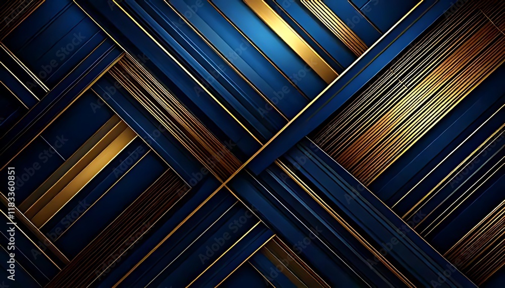 Poster layered gold lines intersect dynamically against a dark blue, patterned geometric background.