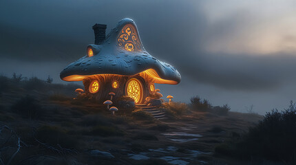 Whimsical Mushroom House Illuminating a Misty Hilltop in Eerie Fog