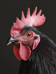 close up of a rooster on black background