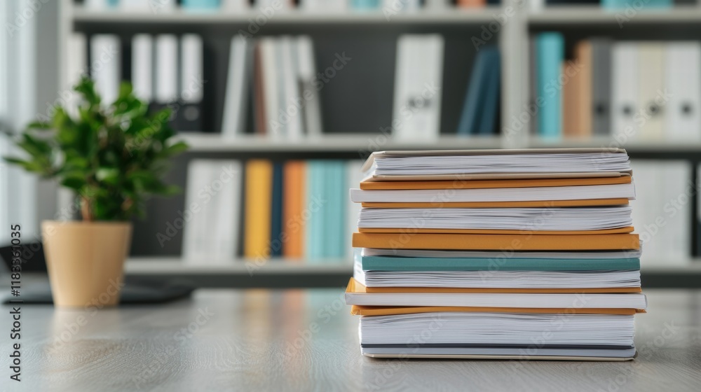Poster stack of folders and documents sitting on office desk, symbolizing organization