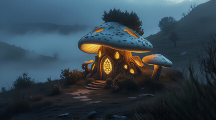 Whimsical Mushroom House Illuminating a Misty Hilltop in Eerie Fog